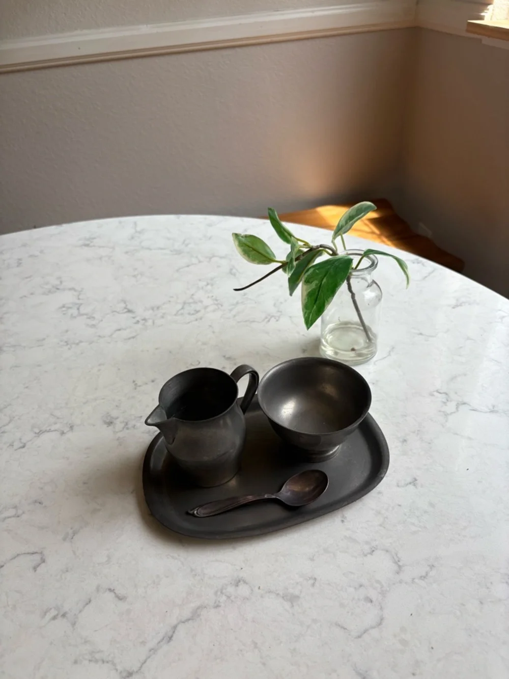 Vintage Pewter Creamer and Sugar Set with Tray and spoon
